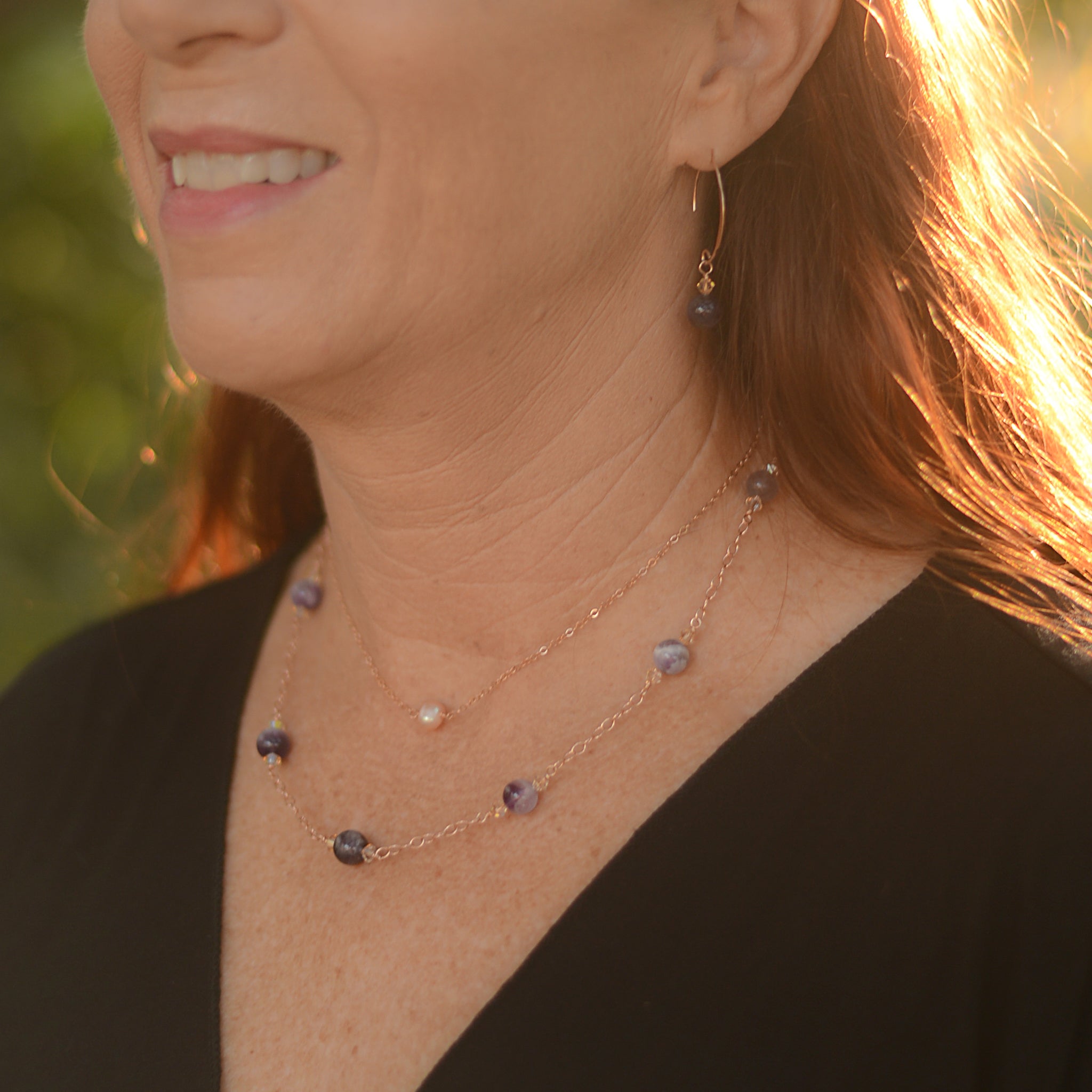 Novaura Jewelry's Amethyst Gem Ombre Style Necklace, 14Kt Rose-gold filled chain. Layered with Freshwater Pearl & 14KT Rose Gold-filled Choker. 