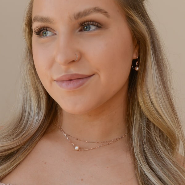 Cultured Freshwater Pearl & 14KT Rose-Gold Filled Earrings; Versatile to wear with a simple chain or a freshwater pearl necklace; Shown on model