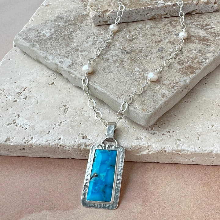 Ocean-Inspired Kingman Turquoise Pendant Necklace with Freshwater Pearls for Her 