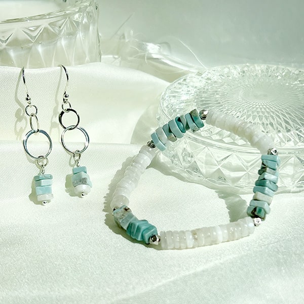 Larimer and Moonstone bracelet paired with the larimer, Moonstone, and Sterling Silver Earrings