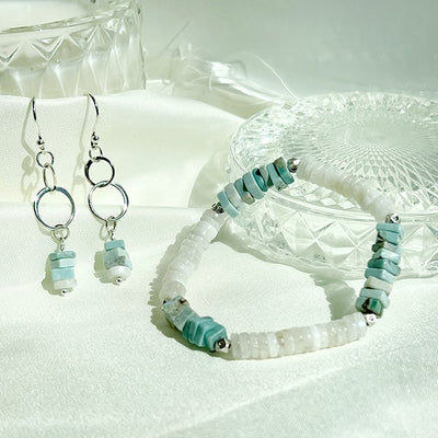 Larimer and Moonstone bracelet paired with the larimer, Moonstone, and Sterling Silver Earrings