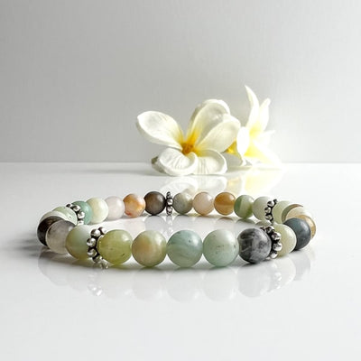 Need a little peaceful energy in your life? Try this Amazonite stretch bracelet with gems showing beautiful green and blue colors with the addition of black and gold hues. A comfortable stretch bracelet to add to your wrist stack. Front view