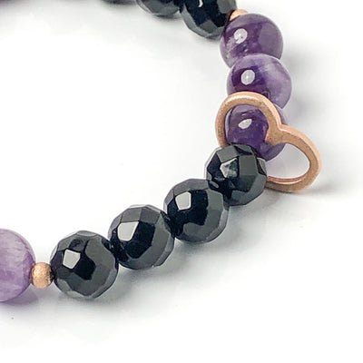 Semi-precious Gemstone Amethyst & Black Onyx Bracelet, 14KT Rose-Gold Open Heart Charm, 8mm Beads, heart detail
