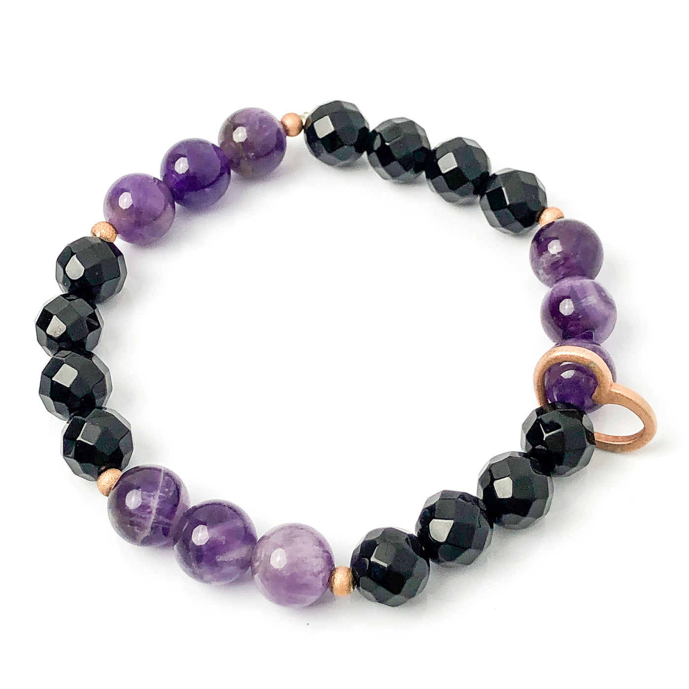 Semi-precious Gemstone Amethyst & Black Onyx Bracelet, 14KT Rose-Gold Open Heart Charm, 8mm Beads, Handcrafted in CA.