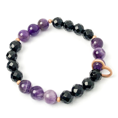 Semi-precious Gemstone Amethyst & Black Onyx Bracelet, 14KT Rose-Gold Open Heart Charm, 8mm Beads, Handcrafted in CA.