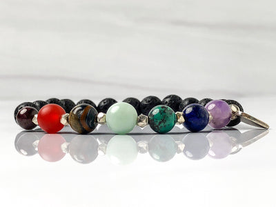 Semi-precious Gemstone 7 Chakra Bracelet, Hill Tribes Silver Heart Charm, Lava Stone Bracelet, 8mm Beads, Side view