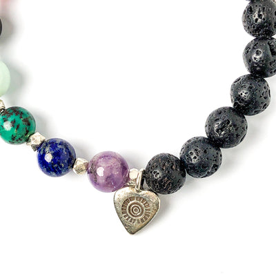 Semi-precious Gemstone 7 Chakra Bracelet, Hill Tribes Silver Heart Charm, Lava Stone Bracelet, 8mm Beads, Heart detail