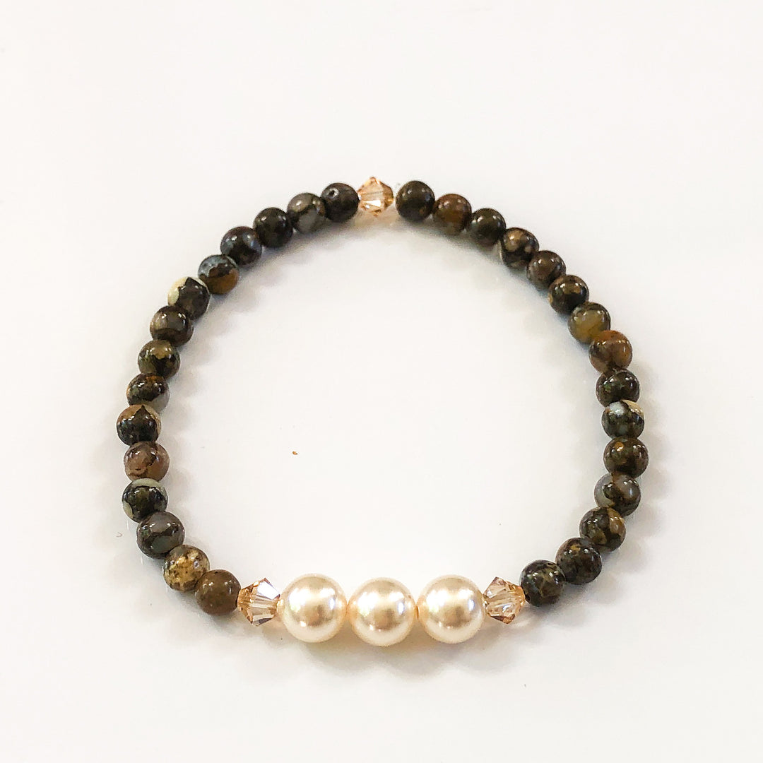 Lovely cream Crystal Pearls & Brown Opal Bracelet, 4mm Beads, Handcrafted in CA.
