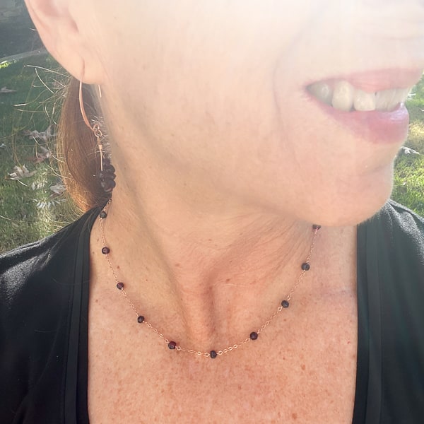 The deep rich red color of the Garnet- like pomegranate seeds - looks beautiful against the rose-gold hue of the delicate chain. ⁣ The necklace sits lovingly at the base of the neck and would make a great Valentine's Day gift for yourself or a lovely woman in your life. Wear alone or as a layering necklace.