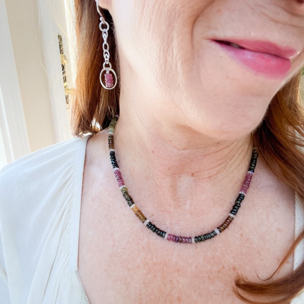 Tantalize with Tourmaline Collection. Novaura Jewelry of California. Heishi Tourmaline and Rainbow Moonstone Necklace and Pink Tourmaline Circle Drop Earrings.