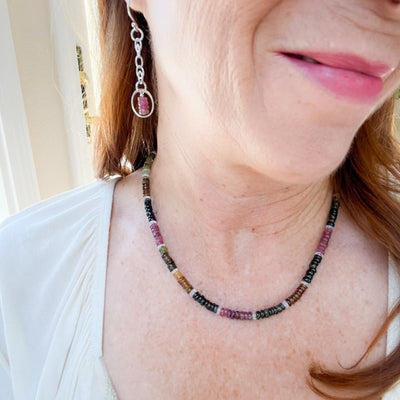 Tantalize with Tourmaline Collection. Novaura Jewelry of California. Heishi Tourmaline and Rainbow Moonstone Necklace and Pink Tourmaline Circle Drop Earrings.