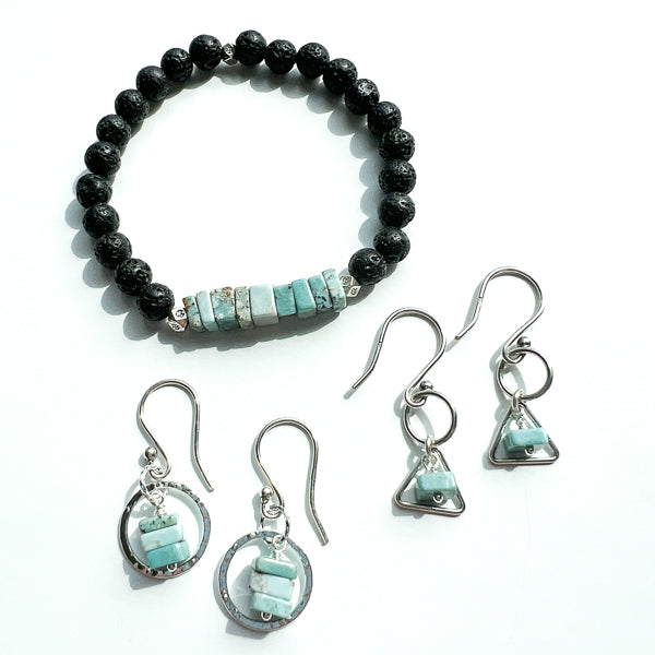 Heishi Ice Blue Larimar & Silver Hammered Round Earrings