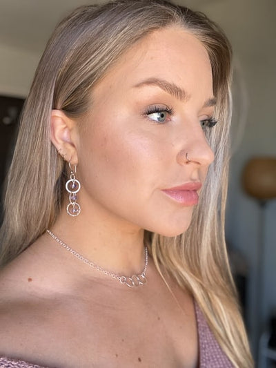 Lavender Amethyst and Silver Hammered Round Earrings