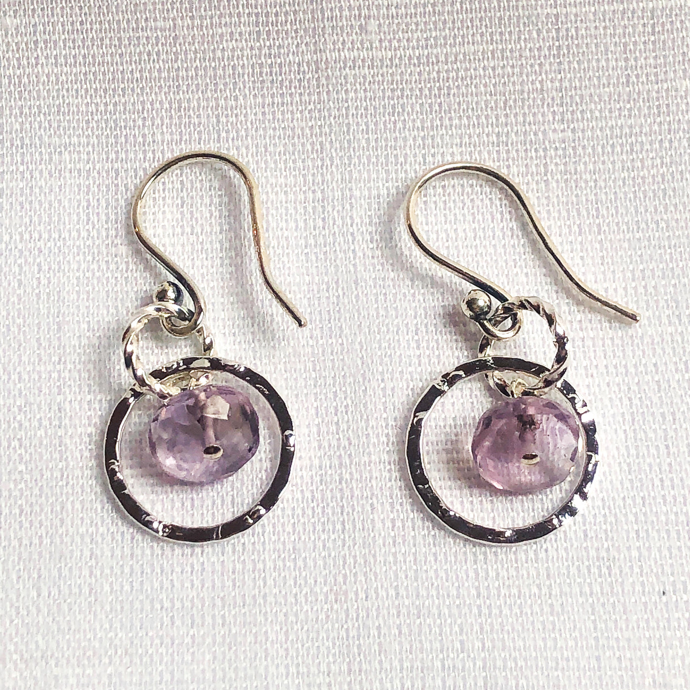Semi-precious Gemstone Lavender Amethyst & Silver-plated 14mm hammered round cable chain circles. Lightweight and graceful.