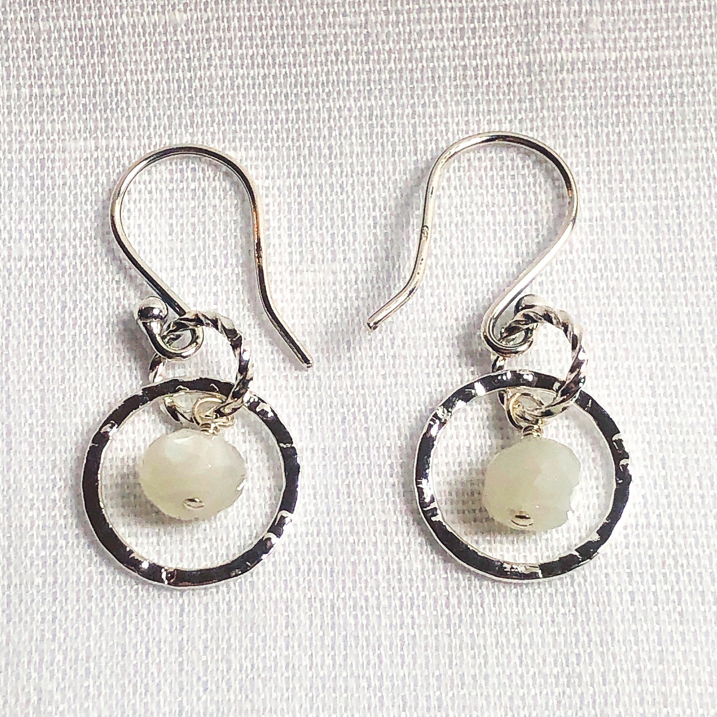 White Moonstone & Silver-plated 14mm hammered round cable chain circles. Lightweight and graceful.