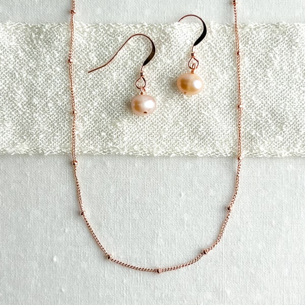 Cultured Freshwater Pearl & 14KT Rose-Gold Filled Earrings and Rose Gold layering necklace set.   Handcrafted in California
