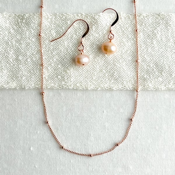 Cultured Freshwater Pearl & 14KT Rose-Gold Filled Earrings and Rose Gold layering necklace set.   Handcrafted in California
