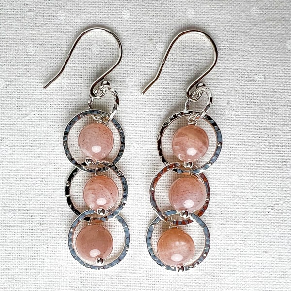 The blush pink & "freckles" of these Semi-precious Gemstone Pink Flake Moonstones are stunningly framed by the hammered silver circles. Lightweight and graceful for a special occasion or with your Mother of the Bride gown.