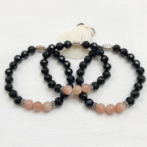 Semi-precious Gemstone Pink Flake Moonstone & Black Onyx Beaded Bracelet, Antique Pewter with choice of LOVE - HOPE - FAITH - Link, 8mm Beads, Handcrafted in CA.