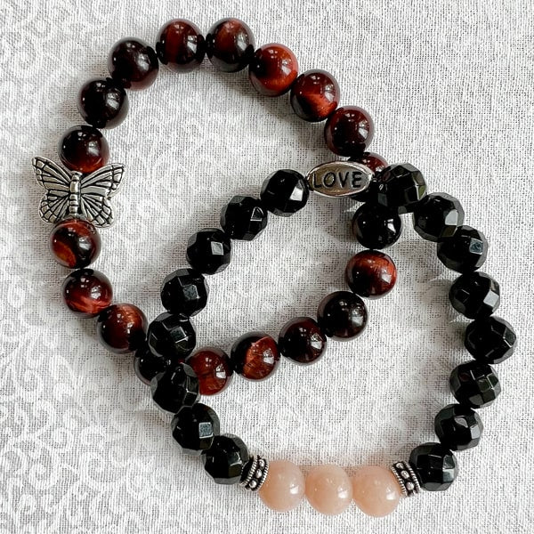 Pink Flake Moonstone & Black Onyx beaded bracelet shown with Butterfly Dreams Red Tigereye Bracelet. 