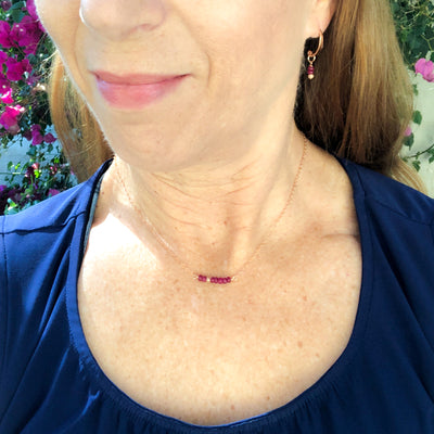Ruby and Rose Gold Bar Necklace, 14Kt Rose-gold filled Chain, 18 inches