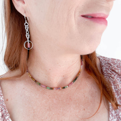 Tantalizing with Tourmaline Collection. Sparkle Choker and Pink Sterling Silver Circle Earrings. Handcrafted in California.