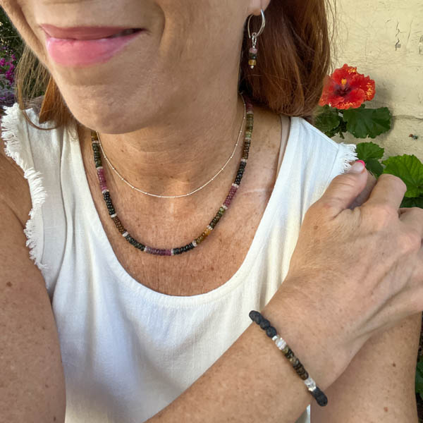 Heishi Tourmaline, Moonstone and Lava Rock Bracelet