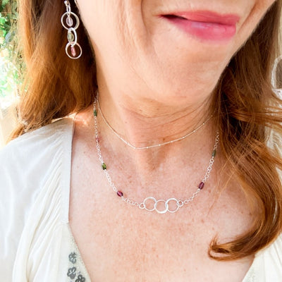Tantalize with Tourmaline Collection. Tourmaline Sterling Silver Necklace and Chandelier Earrings. Handcrafted in California.