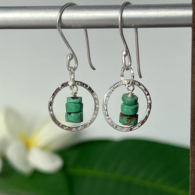 Delicate Heishi Yungai & Silver-plated 14mm hammered silver circles. Lightweight and graceful. Close Up View