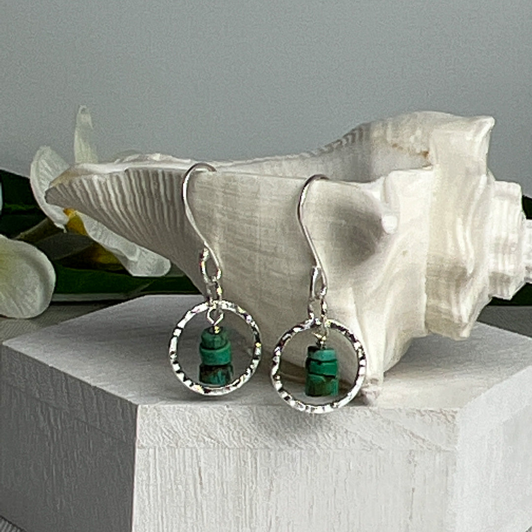 Delicate Heishi Yungai & Silver-plated 14mm hammered silver circles. Lightweight and graceful. Handcrafted in California