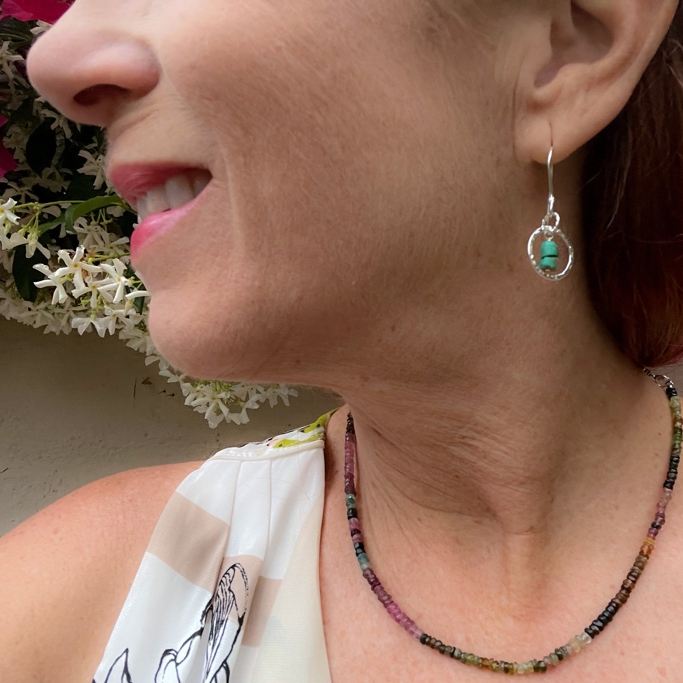 Delicate Heishi Yungai & Silver-plated 14mm hammered silver circles. Lightweight and graceful. Handcrafted in California Model with Necklace