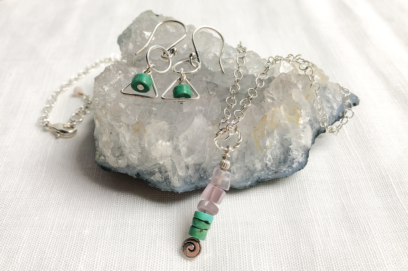 Heishi Yungai Turquoise & Sterling Silver Triangle & Circle Drop Earrings