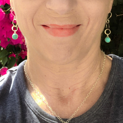 TURQUOISE-- get drawn by its beauty and its positivity - the translucent blue pop of color that makes you feel calm, relaxed, and happy. Intertwining sterling silver CIRCLES OF LIFE accentuates these stunning earrings to wear alone or with your favorite sterling necklace. Modeled by Laura